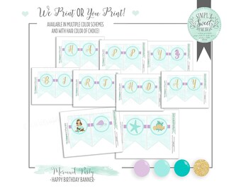 Mermaid Birthday Party DIY printable Banner. HAPPY BIRTHDAY with images for mermaid, seahorse turtle starfish. Watercolor and glitter gold