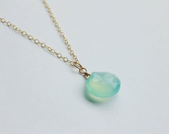 Aqua blue green faceted chalcedony gemstone teardrop briolette pendant 14k gold filled chain necklace