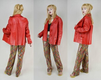 80s Lipstick Red Leather Boxy Jacket Coat M