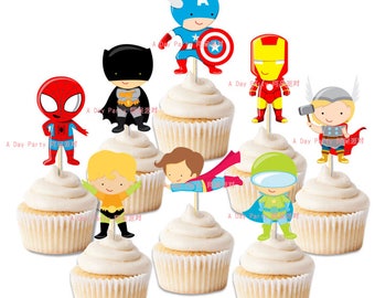 10 Marvel Avengers cupcake toppers, boys birthday party, superheros birthday party, Spiderman, Batman, Iron man, Captain America, Thor