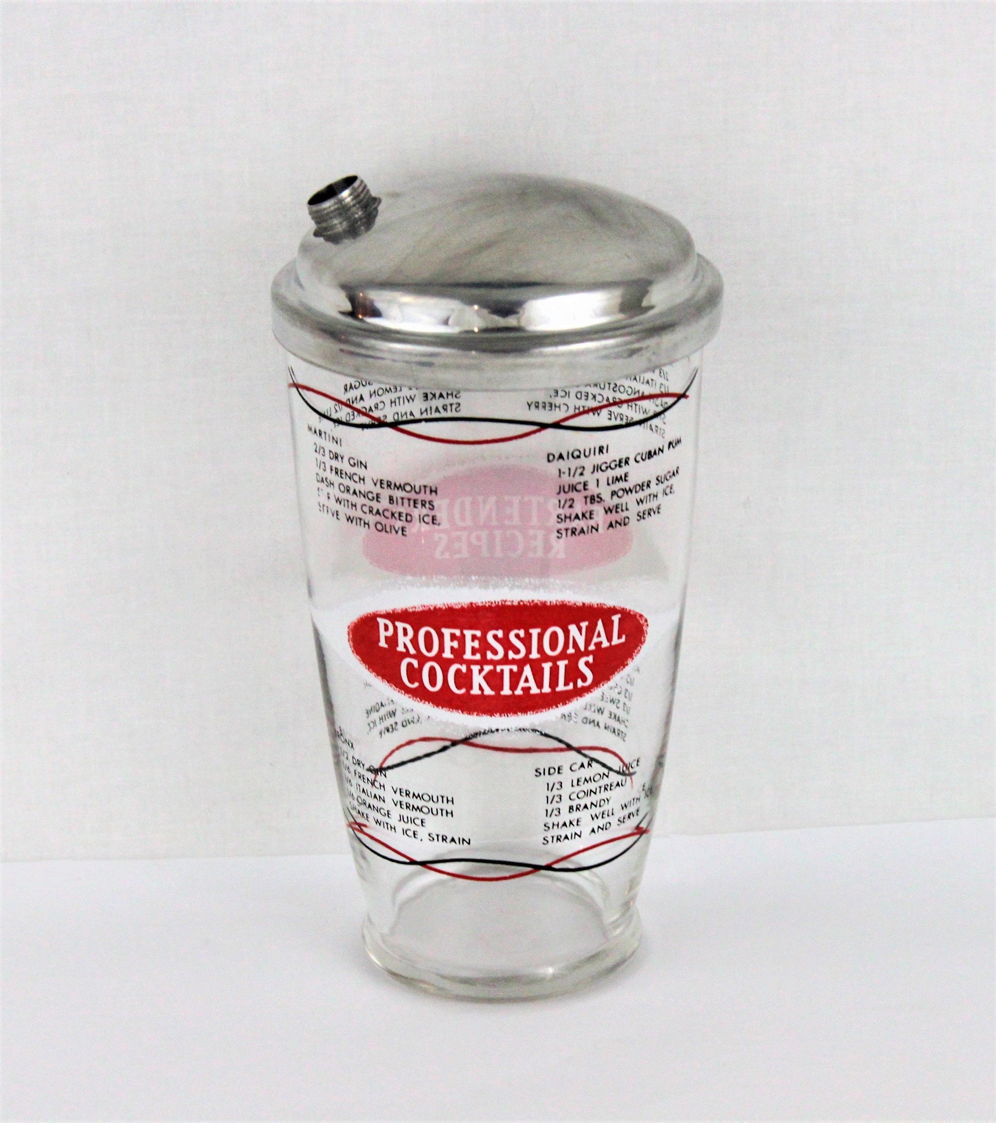 Vintage 1960s Glass Cocktail Shaker with Drink Recipes, Professional