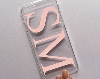 Clear and dusty pink monogram phone case with large initials - iphone 7 plus case, clear iphone case, clear case, samsung S7 edge case