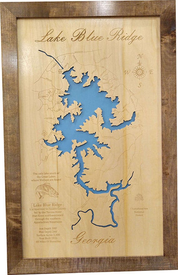 Wood Laser Cut Map of Lake Blue Ridge Georgia Topographical