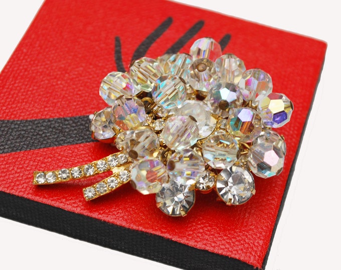 Juliana Flower Brooch - dangling Ice clear Crystal Rhinestone - D and E confirmed pin