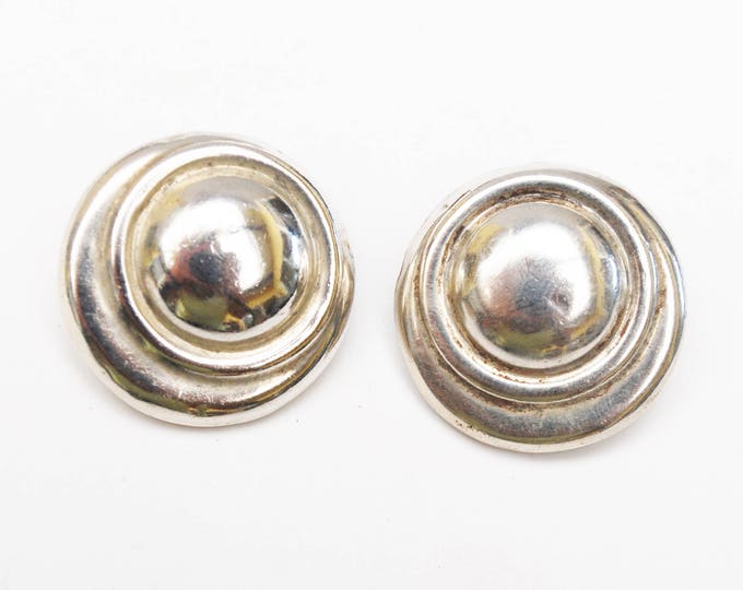 Sterling Silver Round earrings - Hollow ribbed - Modernistic - Clip on Earring