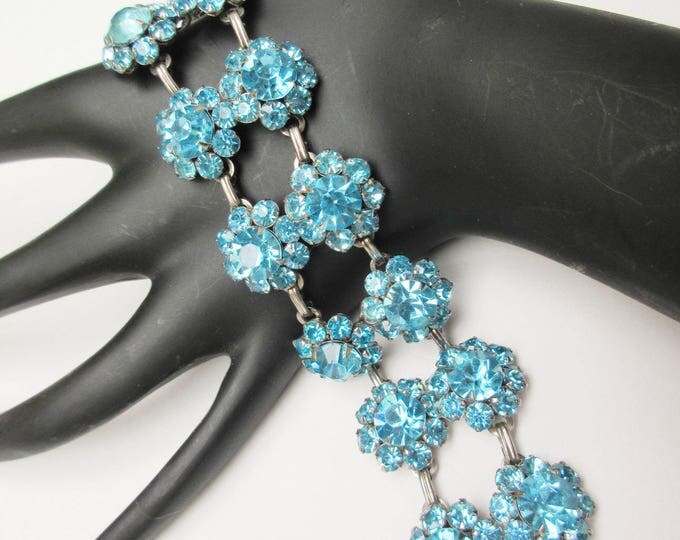 Blue rhinestone bracelet - double strand Link - Rhinestone flower - mid century - light baby blue bangle