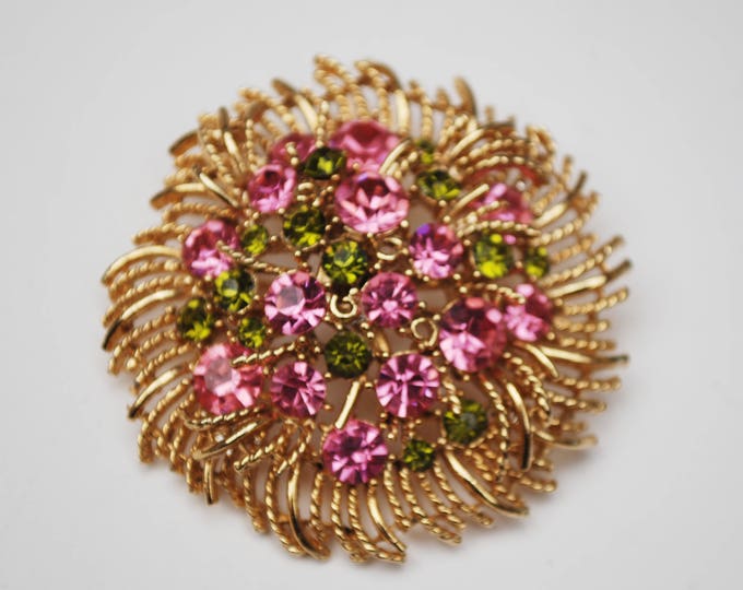 Lisner Pink Rhinestone Brooch - gold tone Flower leaf - Mid Century pin