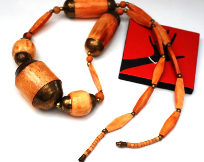 Boho Orange Bone Necklace - Chunky Brass and bone bead - Hippie - Tribal necklace