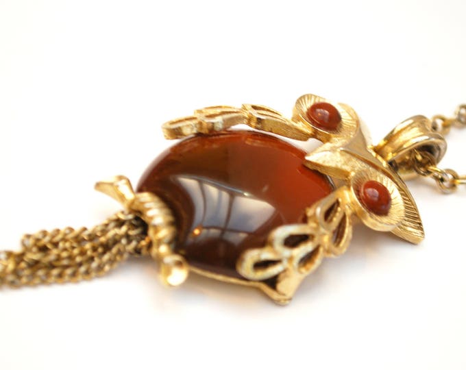 Owl Necklace - Brown Lucite plastic - gold tone metal - gold tassel