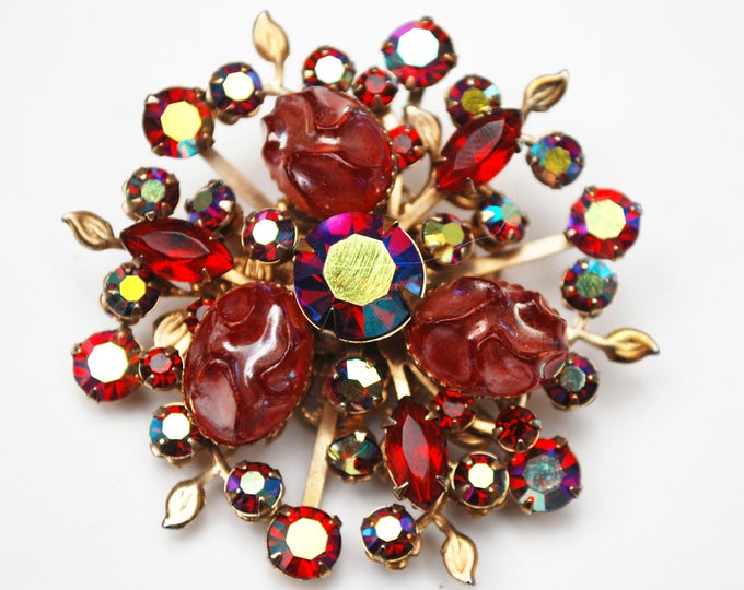 Red Rhinestone Flower Brooch - Lava molded lucite - red Glass Auroral borealis - Floral Mid century Pin