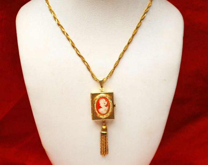 Vintage Locket- Cameo Necklace - Victorian Revival - Resin Cameo - gold four photo locket