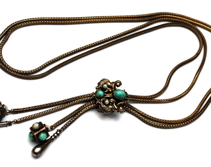 Adjustable Slider necklace - Cupid - Brass gold Mesh chain - green glass - White seed pearl - Tassel bolo tie - Bolo tie necklace