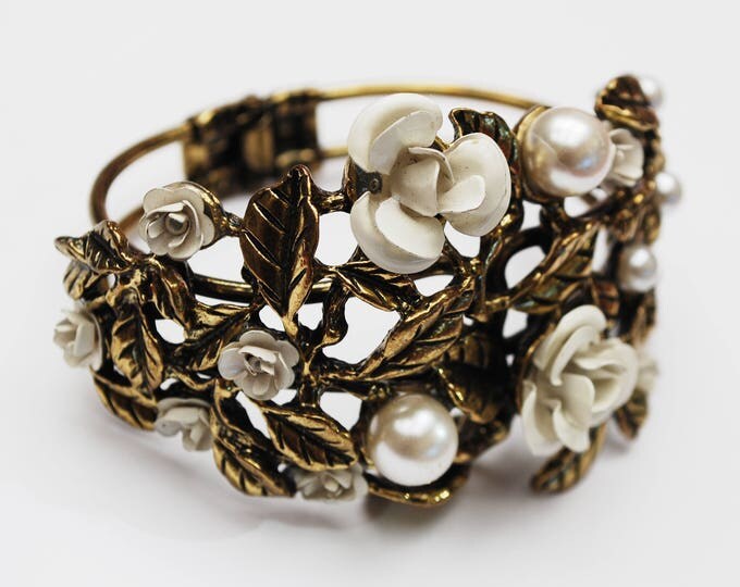 Flower clamper Bracelet - Gold repouse - white pearls,enamel flowers - wide Hinged bangle