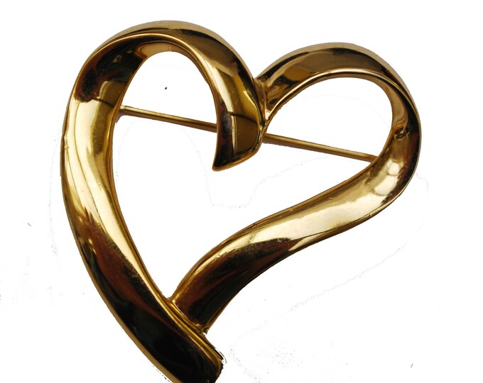 Heart Brooch - Signed Trifari - gold tone swirl heart Pin