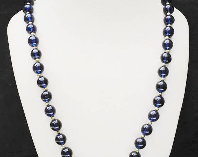 Blue Glass Bead necklace - round dark blue beads - silver beads - long 34 inch necklace