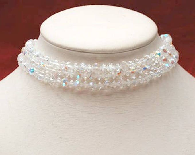 Crystal Bead Collar Necklace - Triple multi strand - facet cut crystal glass beads - 14 1/2 inches Aurora borealis Wedding Bride