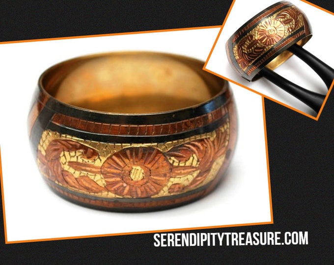 Boho Brass Copper bangle - Chunky Mossaic design - copper inlay - grey oxidized - bracelet