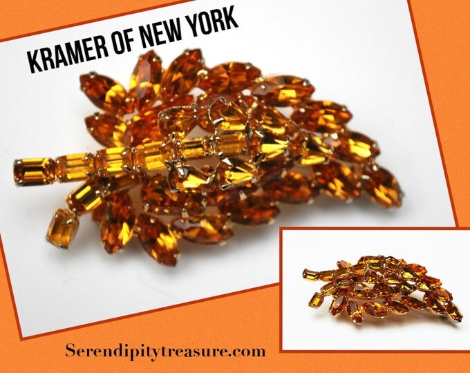 Rhinestone Brooch - signed Kramer of New York - Orange Crystal - leaf floral flower -gold plated metal - Mid Century - Large Pin