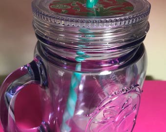 SALE Mermaid Mason Jar Mug w/ Lilly Pulitzer Vinyl accented Lid and optional monogram - LARGE 20oz Insulated mug & a reusable Straw