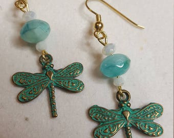 Patina Dragonfly and Polished Gemstone Earrings