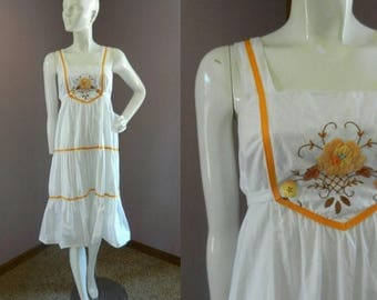 50% Off Closing Shop Sale Vintage 1970's White Orange and Brown Sleeveless Summer Dress / M