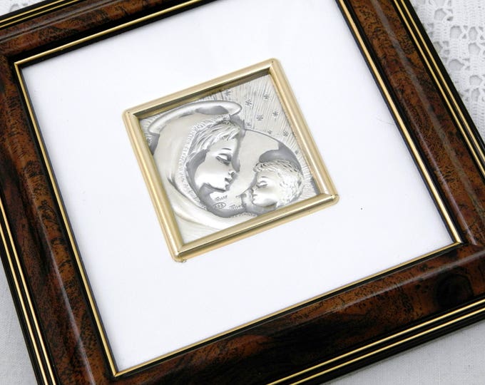 Vintage Sterling Silver Framed Embossed Repoussé Picture of the Virgin Mary and Child Made in Italy by Valentina, Religious Icon in Silver
