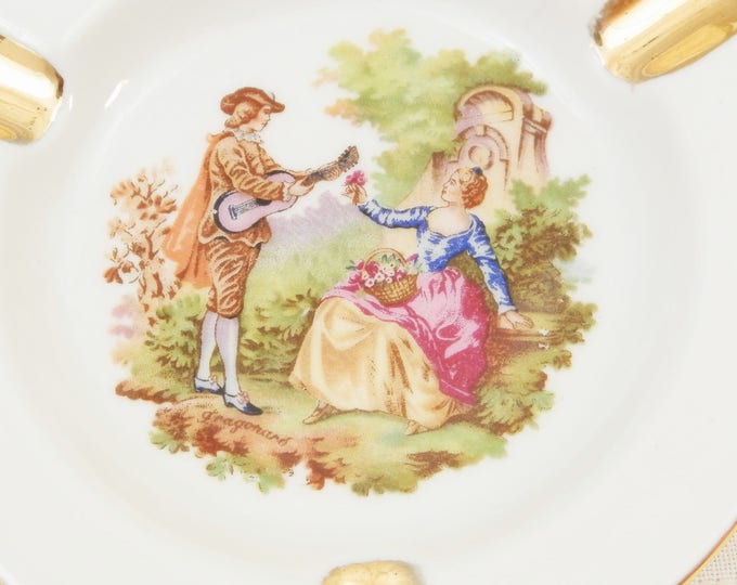 Vintage French Limoges Porcelain D'Art Ceramic Ashtray with Romantic Scene, White Gold Glaze, Bone China Ash Tray from France, Trinket Bowl