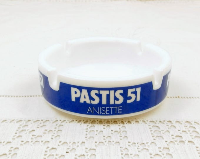 Vintage Mid Century 1960s White Milk Glass Pastis 51 Promotional Ashtray from France, Ricard Pernod Tobaccina, Retro Smoking Accessory