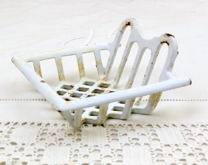 Small Antique Cast Iron Enameled White Wall Hanging Soap Holder, French Chippy Enamel Mural Soap Bar Dish, Retro Enamelware Bathroom