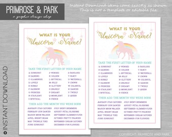 Unicorn Name Game Card Printable // Unicorn Name Game Download // Baby Shower Games // Birthday Games