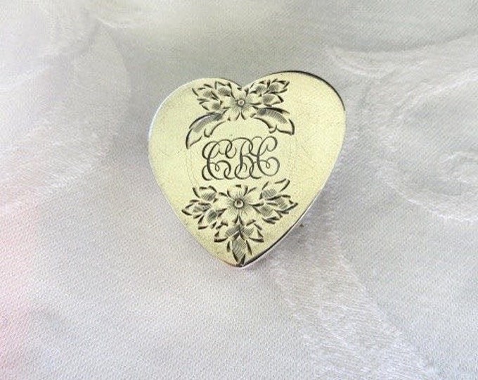 Sterling Pill Box Brooch, Vintage Silver Heart Pill Box Pin, Monogrammed, Wedding Bride