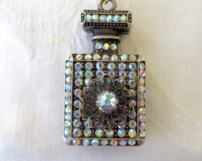 Perfume Bottle Necklace, Aurora Borealis Rhinestone and Filigree Metal, Vintage Perfume Necklace 24" chain