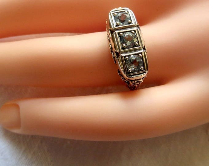 Art Deco Blue Topaz Ring, Three Blue Topaz Stones, Sterling Filigree Setting, Size 6.5