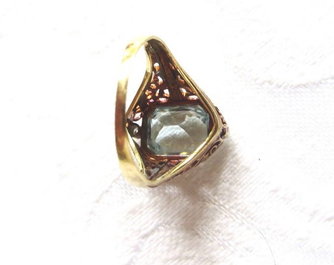 Art Deco 14K Blue Topaz Ring, Vintage Art Deco Ring, 14K Gold Filigree, Mine Cut Diamonds, Engagement Ring