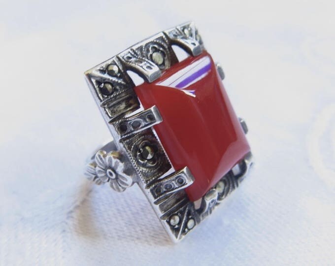 Art Deco Carnelian Ring, Sterling Marcasite Ring, Size 5 1/2, Vintage Art Deco Jewelry