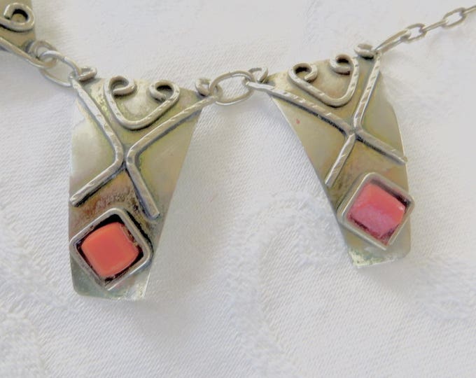 Vintage Art Deco Necklace, Egyptian Revival, Silver and Coral Necklace, Art Deco Jewelry, Egyptian Bib Necklace, Vintage Egyptian Jewelry