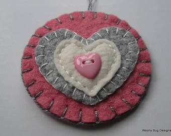 Wool Felt Hearts Ornament, Rose Pink with Gray Wool Felt Heart, Small Cotton Batting Heart, Pink Heart Shaped Button
