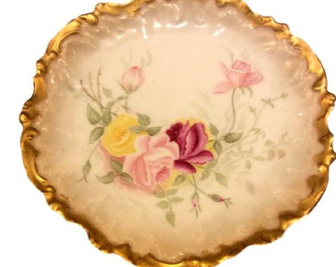 Antique Limoges Plate, Coiffe Factory France, Heavy Gold Handpainted Rose Cabinet Plate, Hand Painted Roses, Gift for Christmas