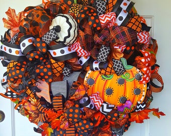 Hallween Wreath, Fall Wreath, Autumn Wreath, Pumpkin Wreath, Deco Mesh Wreath, Outdoor Wreath, Orange Mesh Wreath, Front door Wreath