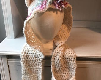 Crochet unicorn scoodie. Hooded scarf. Cute unicorn hood with scarf and pockets. Custom! Many sizes available!