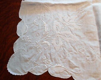 Hand Embroidered French Lily Linen Tablecloth, c. 1920