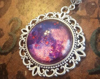 Pink and purple filigree pendant necklace, celestial nebula jewelry, Renaissance faire, 9 colors available, silver bracelet, cabochon