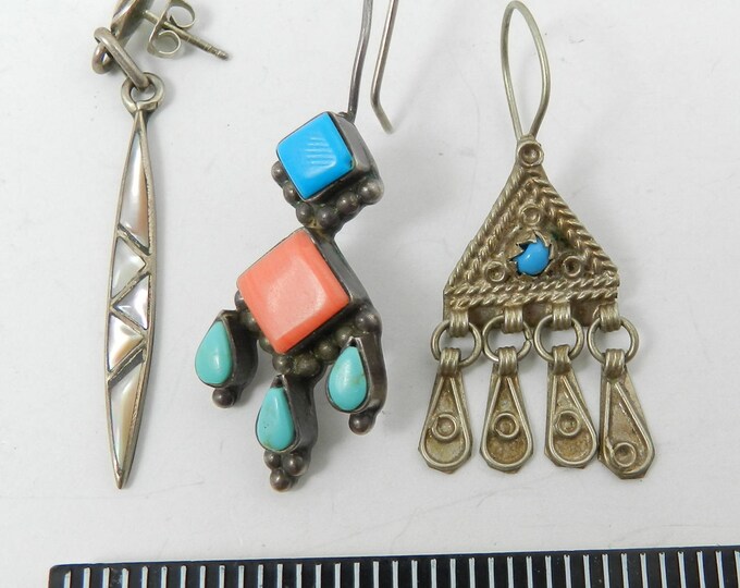 Vintage STERLING SILVER Earring Lot Single Pieces, 925 Single Earring lot, Native american Zuni Jewelry, Antique Designer Signed Earring