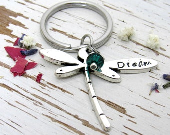 Dream dragonfly key chain - birthstone crystal bead - inspirational gifts - graduation ideas - dragonfly trends - stamped metal - fantasy