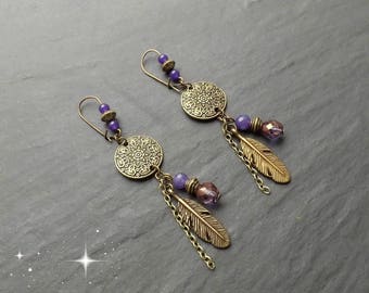 Earrings ear "fathia" Crystal, Amethyst, jade