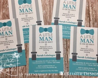 Little Man Baby Shower Invitation - Little Man - Bow Tie - Suspenders - Teal- Gray - Chevron - New Baby Announcement QTY 20