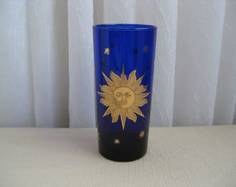 Vintage Celestial Sun Cobalt Blue Glass Tumbler Highball Culver