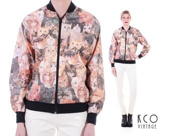 Vintage Novelty Cat Print Jacket Tyvek Windbreaker Crazy Cat Lady Kitsch Retro 80s 90s Women's Size Small