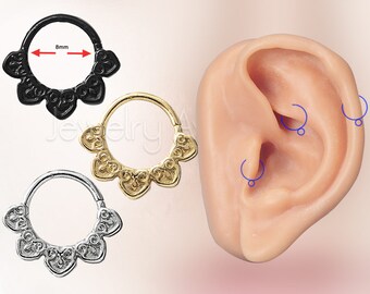 18G Tribal Helix Earring, Tragus Earring, 5/16" (8mm) Nose Hoop Ring, Rook Ring, Aztec Design Nose Ring, Body Jewelry, Titanium Anodized