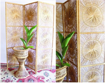 RESERVED FOR CAROLINE Vintage Rattan Screen Room Divider Trifold Screen Boho Home Decor